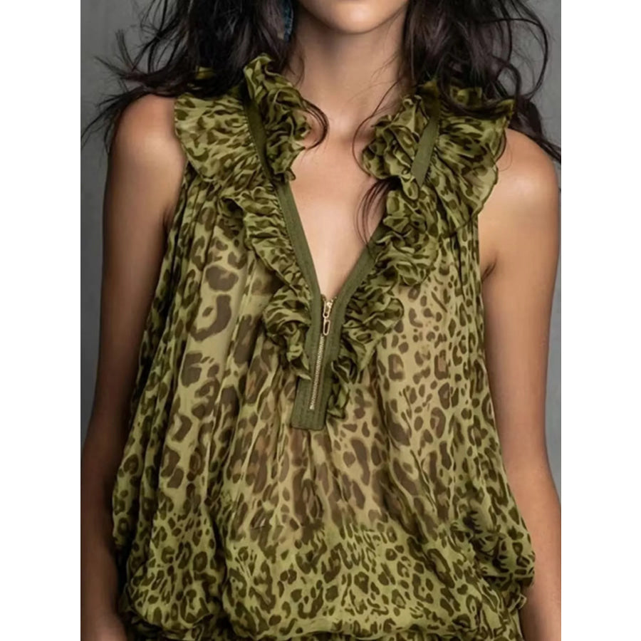 Full Size Leopard Quarter Zip Sleeveless Top Plus Apparel and Accessories