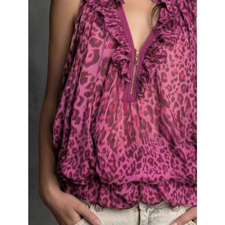 Full Size Leopard Quarter Zip Sleeveless Top Plus Apparel and Accessories