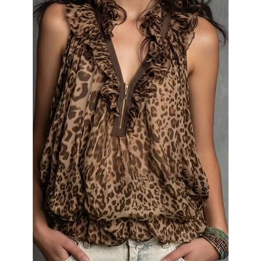 Full Size Leopard Quarter Zip Sleeveless Top Plus Apparel and Accessories