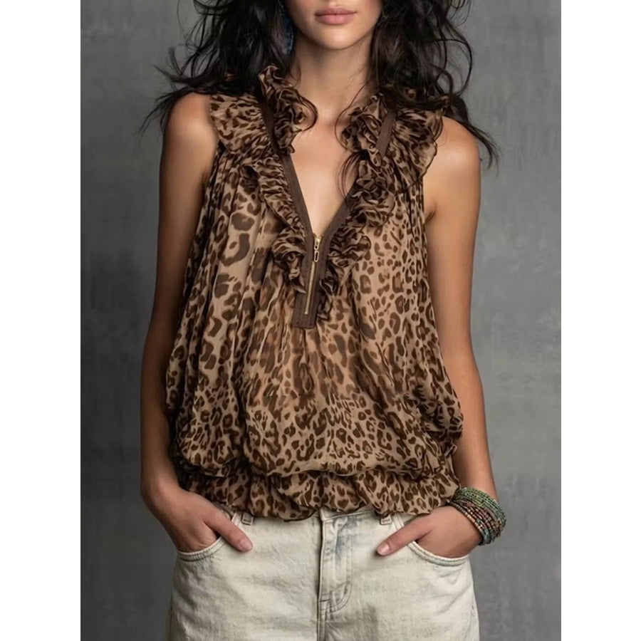 Full Size Leopard Quarter Zip Sleeveless Top Plus Brown / S Apparel and Accessories