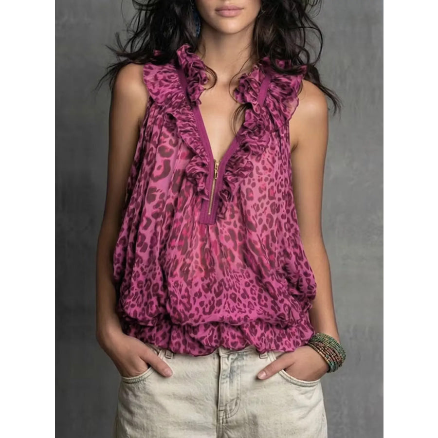 Full Size Leopard Quarter Zip Sleeveless Top Plus Cerise / S Apparel and Accessories