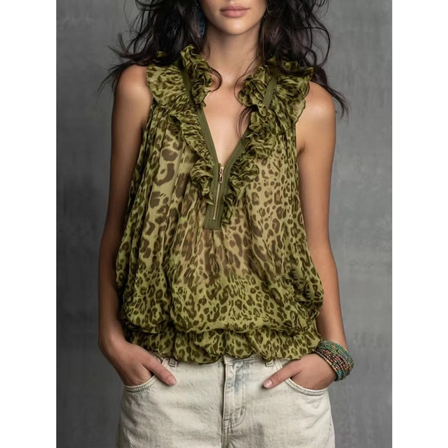 Full Size Leopard Quarter Zip Sleeveless Top Plus Moss / S Apparel and Accessories