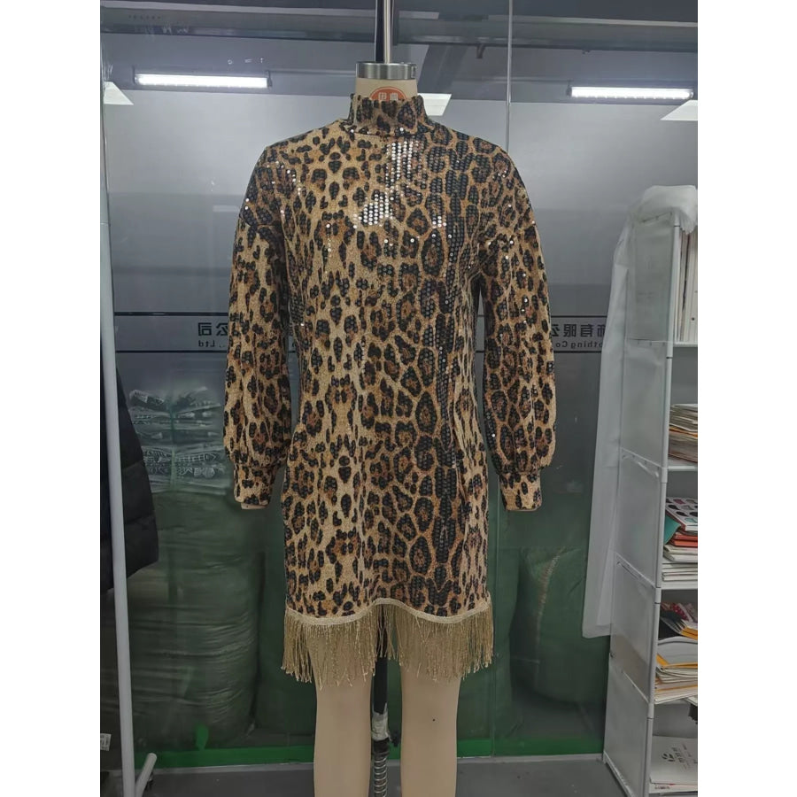 Full Size Leopard Sequin Mock Neck Fringe Hem Mini Dress Plus Apparel and Accessories