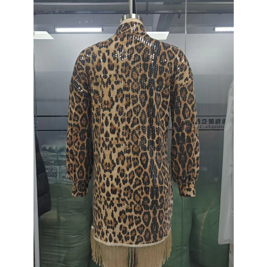 Full Size Leopard Sequin Mock Neck Fringe Hem Mini Dress Plus Apparel and Accessories