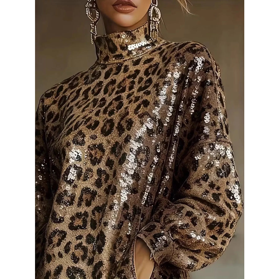 Full Size Leopard Sequin Mock Neck Fringe Hem Mini Dress Plus Apparel and Accessories