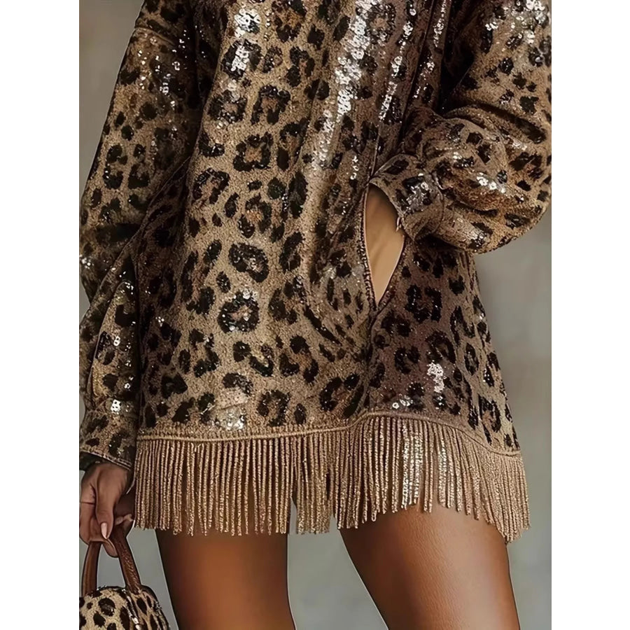 Full Size Leopard Sequin Mock Neck Fringe Hem Mini Dress Plus Apparel and Accessories