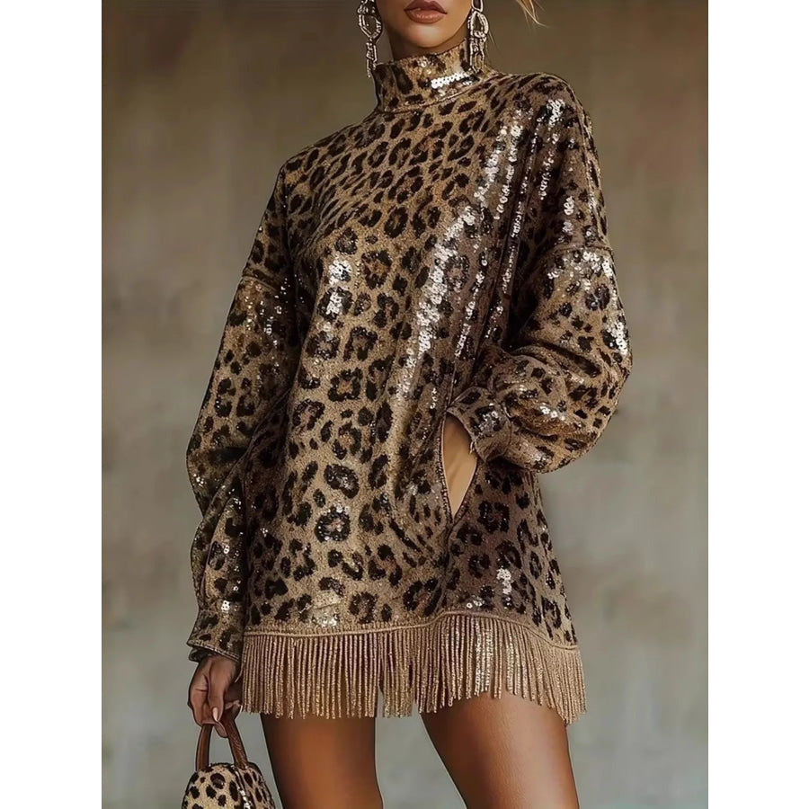 Full Size Leopard Sequin Mock Neck Fringe Hem Mini Dress Plus / S Apparel and Accessories