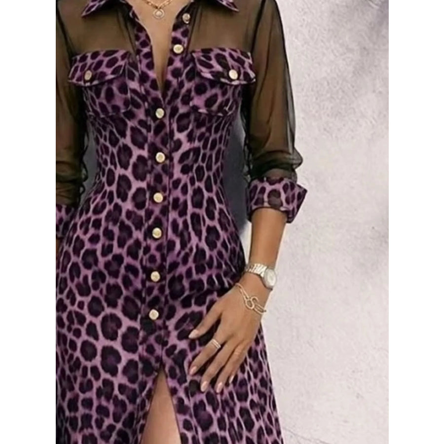 Full Size Leopard Sheer Mesh Long Sleeve Button-Down Maxi Dress Plus Purple / S Apparel and Accessories