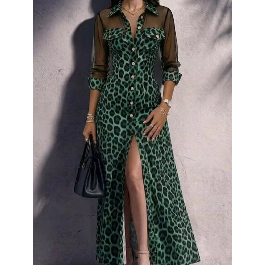 Full Size Leopard Sheer Mesh Long Sleeve Button-Down Maxi Dress Plus Green / S Apparel and Accessories