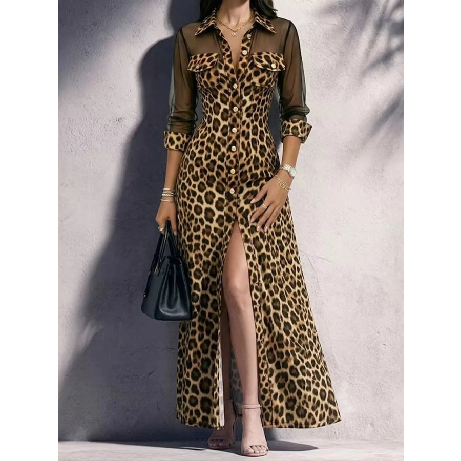 Full Size Leopard Sheer Mesh Long Sleeve Button-Down Maxi Dress Plus Khaki / S Apparel and Accessories