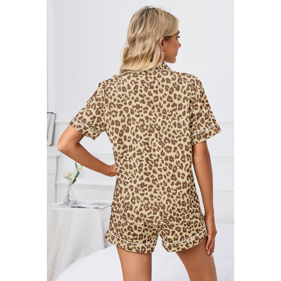 Full Size Leopard Short Sleeve Top and Shorts Lounge Set Plus Size Apparel and Accessories