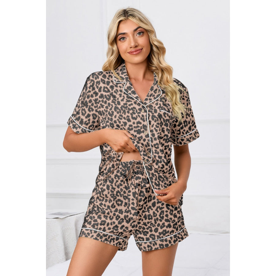 Full Size Leopard Short Sleeve Top and Shorts Lounge Set Plus Size Apparel and Accessories