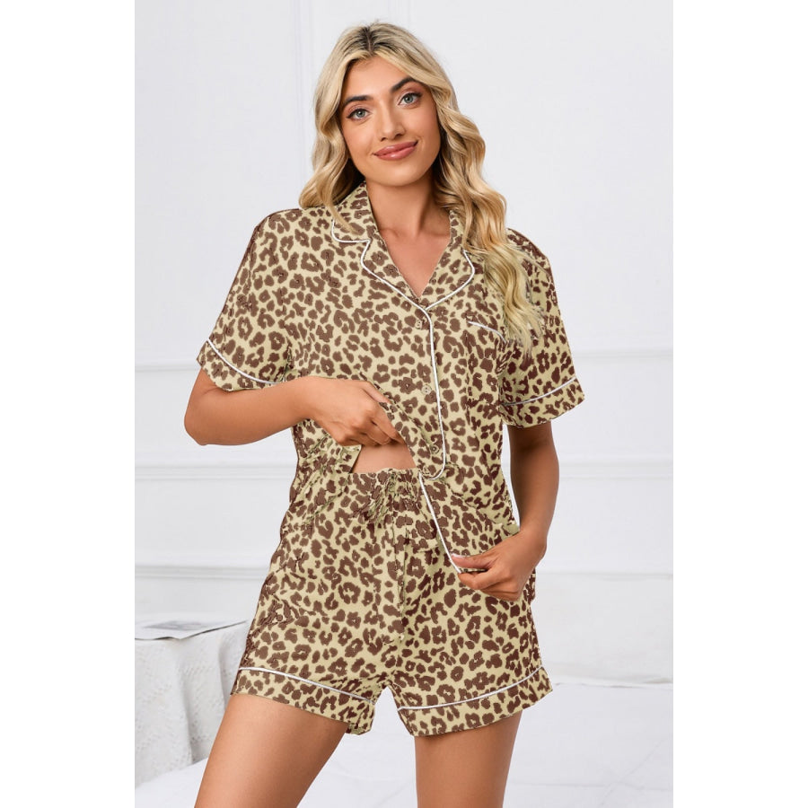 Full Size Leopard Short Sleeve Top and Shorts Lounge Set Plus Size Apparel and Accessories