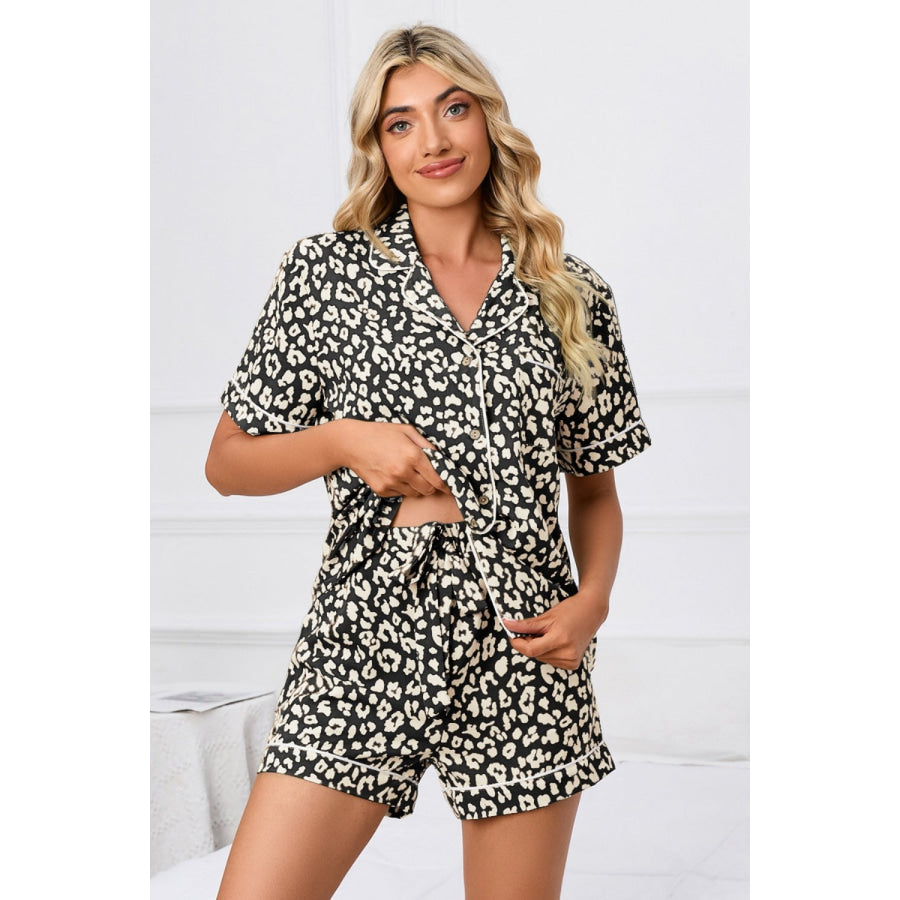 Full Size Leopard Short Sleeve Top and Shorts Lounge Set Plus Size Apparel and Accessories