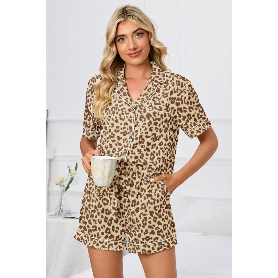 Full Size Leopard Short Sleeve Top and Shorts Lounge Set Plus Size Camel / S Apparel and Accessories