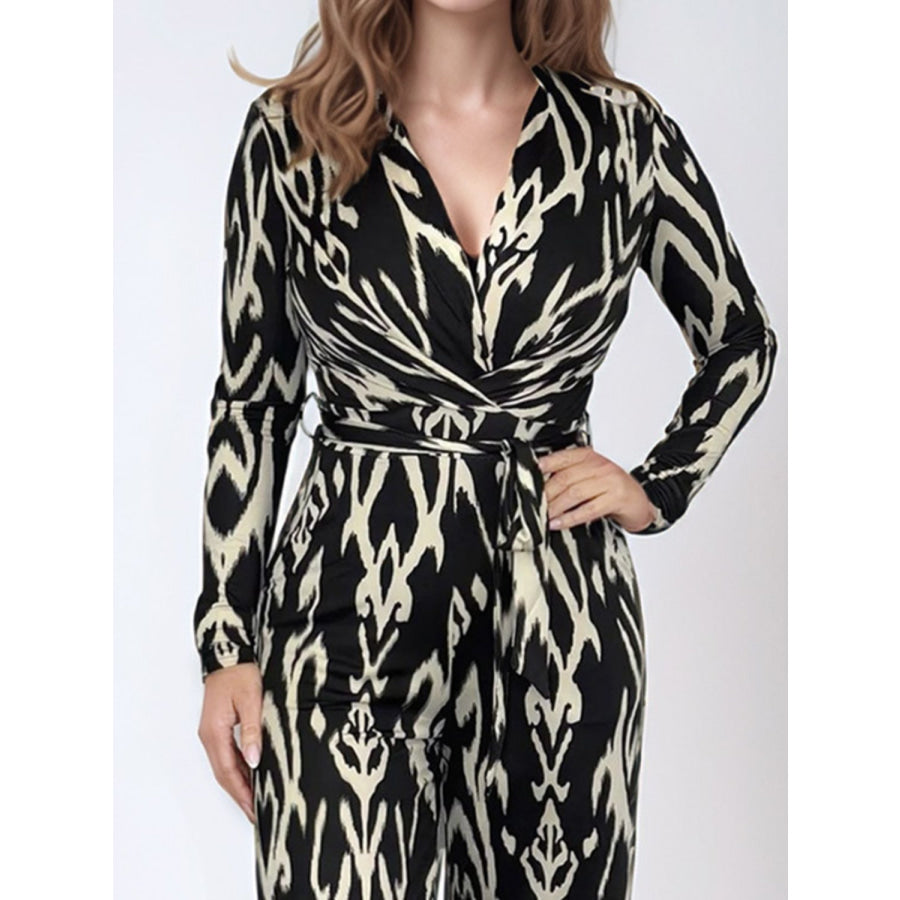 Full Size Leopard Tie Waist Long Sleeve Jumpsuit Plus Size Apparel and Accessories