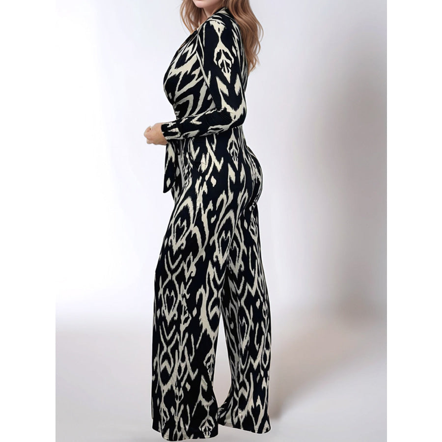 Full Size Leopard Tie Waist Long Sleeve Jumpsuit Plus Size Apparel and Accessories