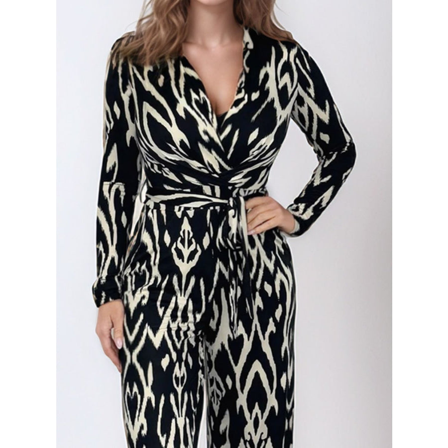 Full Size Leopard Tie Waist Long Sleeve Jumpsuit Plus Size Apparel and Accessories