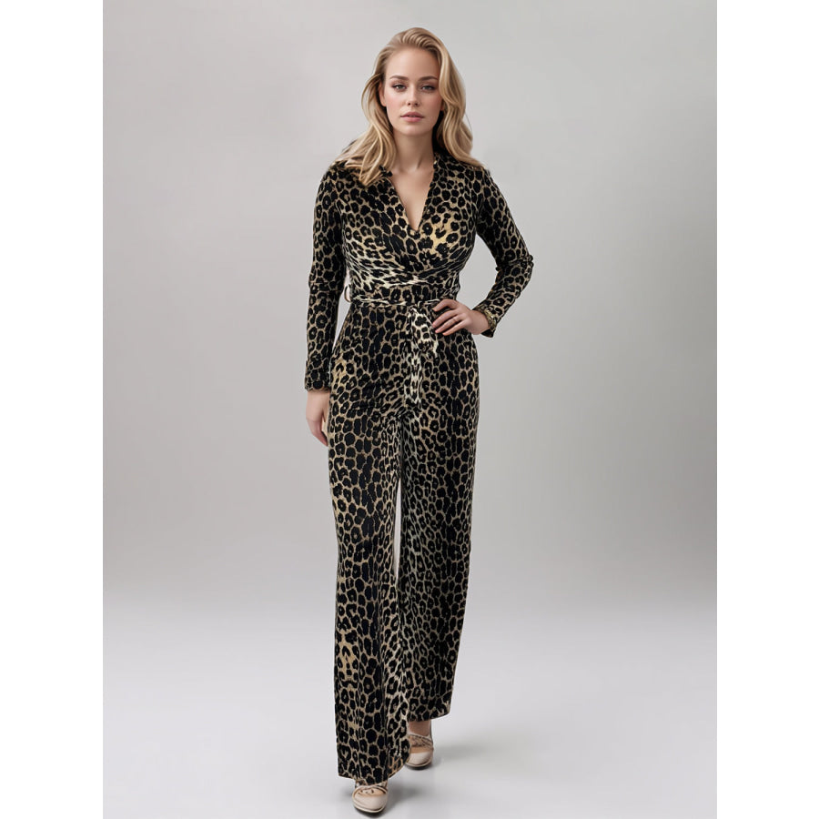 Full Size Leopard Tie Waist Long Sleeve Jumpsuit Plus Size Apparel and Accessories