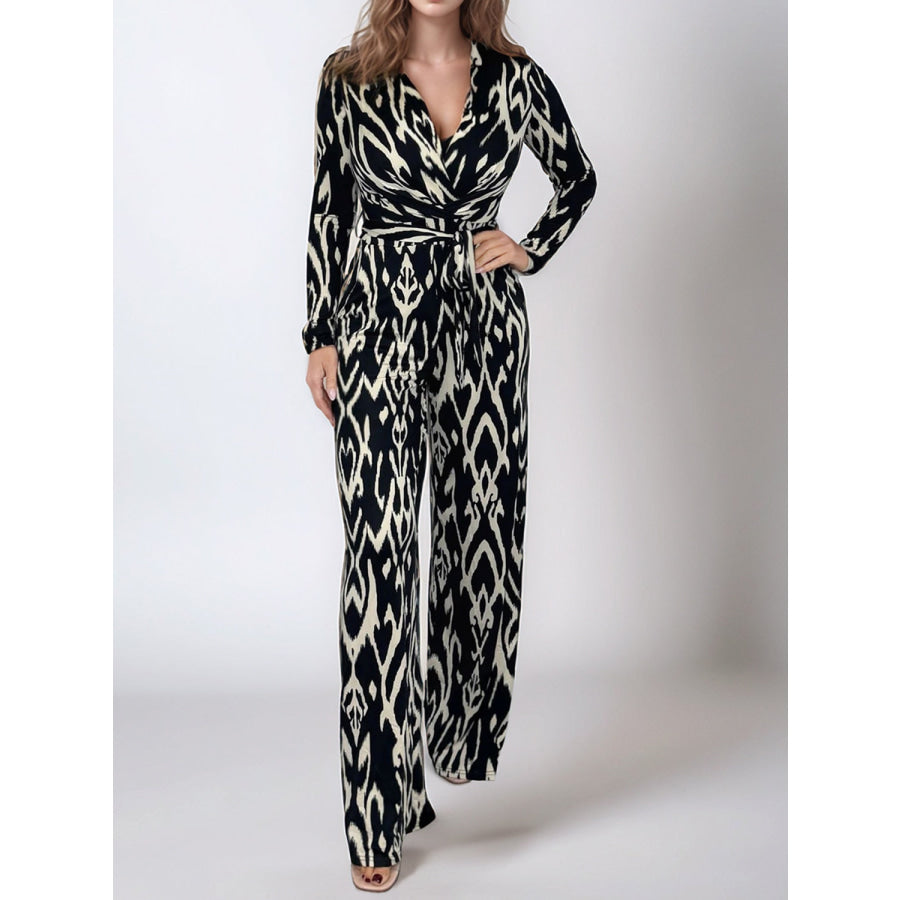 Full Size Leopard Tie Waist Long Sleeve Jumpsuit Plus Size Black / S Apparel and Accessories