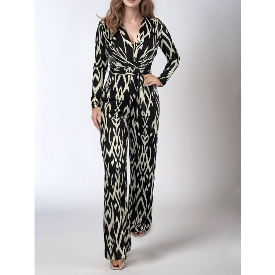 Full Size Leopard Tie Waist Long Sleeve Jumpsuit Plus Size Brown Zebra / S Apparel and Accessories