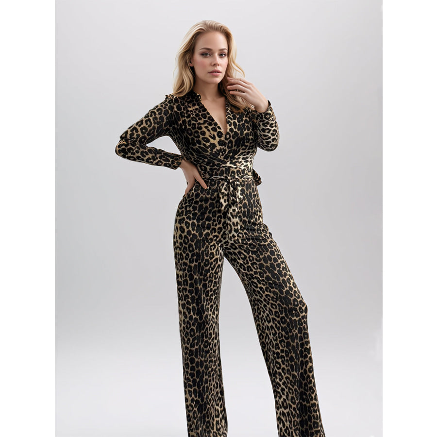 Full Size Leopard Tie Waist Long Sleeve Jumpsuit Plus Size Leopard / S Apparel and Accessories