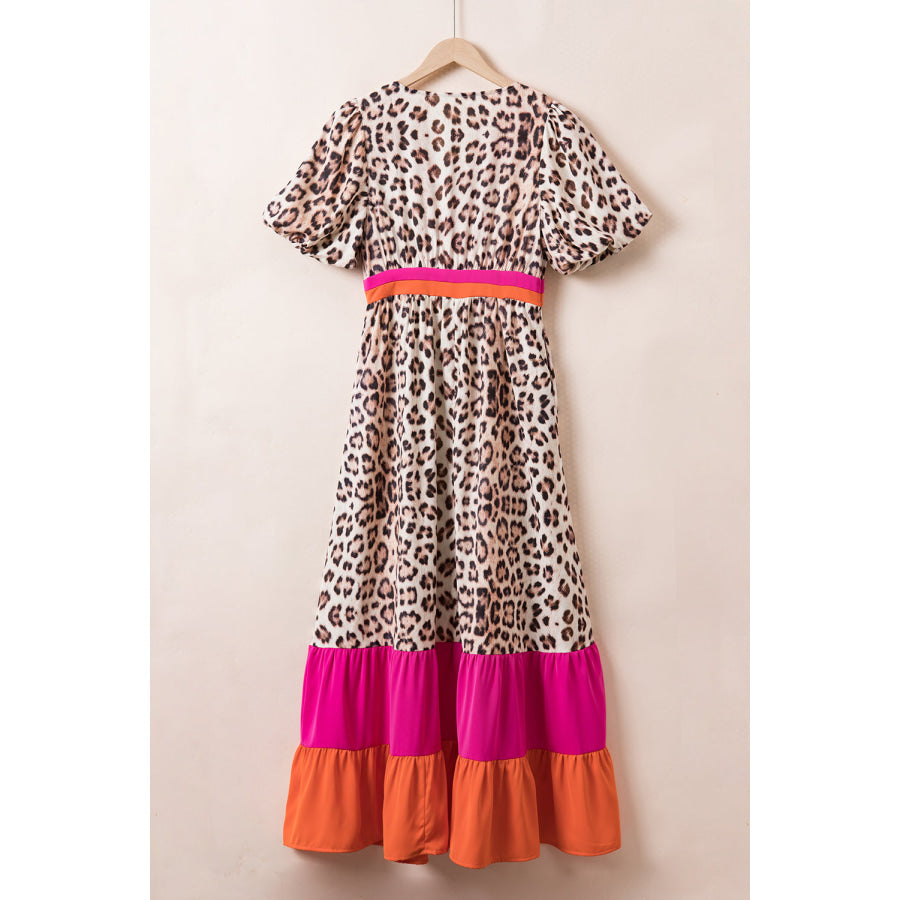 Full Size Leopard V-Neck Half Sleeve Maxi Dress Apparel and Accessories