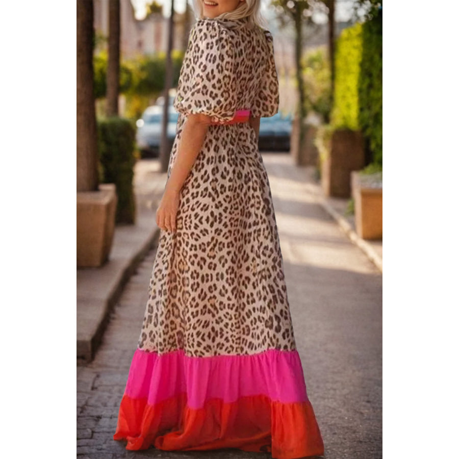 Full Size Leopard V-Neck Half Sleeve Maxi Dress Apparel and Accessories