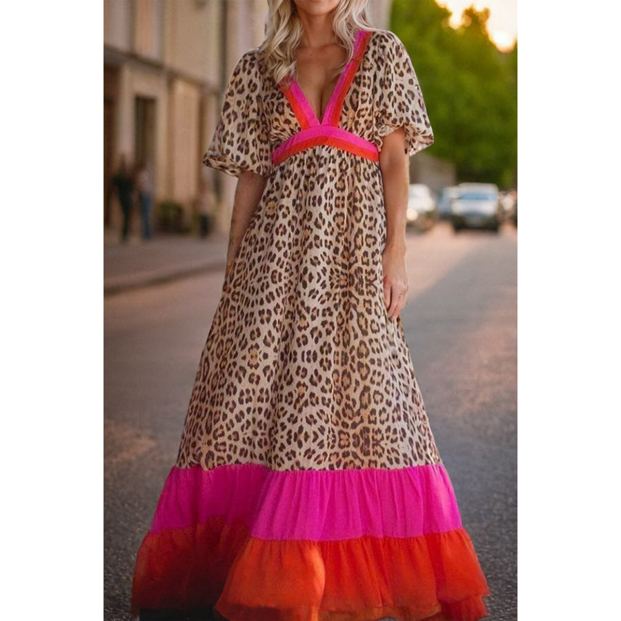 Full Size Leopard V-Neck Half Sleeve Maxi Dress Leopard / S Apparel and Accessories