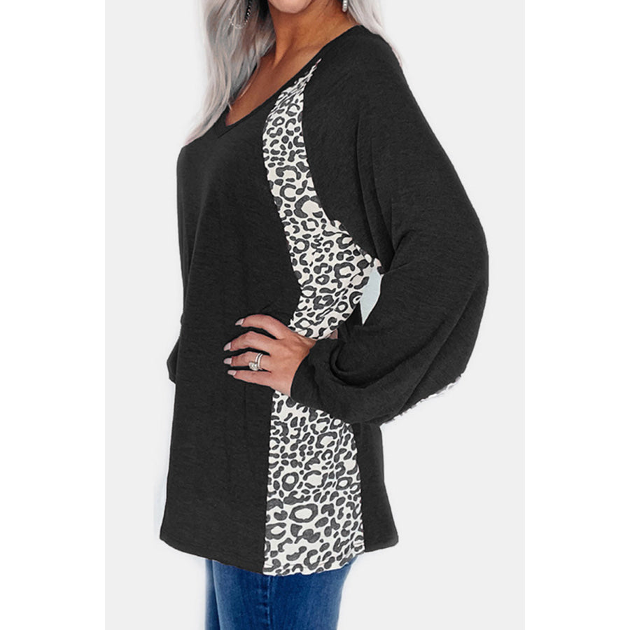 Full Size Leopard V-Neck Long Sleeve T-Shirt Apparel and Accessories