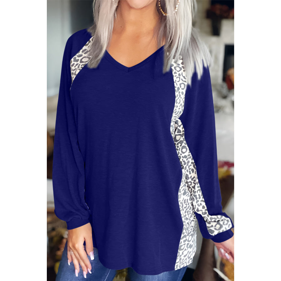 Full Size Leopard V-Neck Long Sleeve T-Shirt Apparel and Accessories