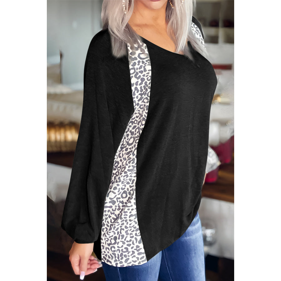 Full Size Leopard V-Neck Long Sleeve T-Shirt Black / S Apparel and Accessories