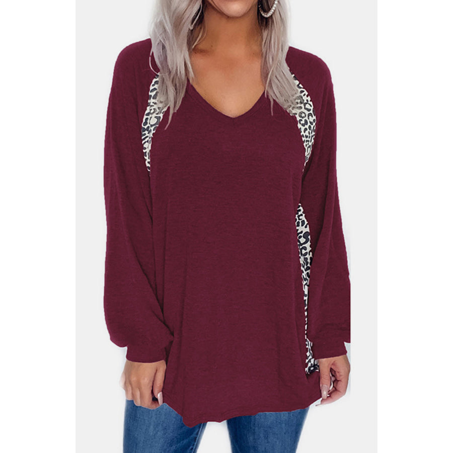 Full Size Leopard V-Neck Long Sleeve T-Shirt Apparel and Accessories