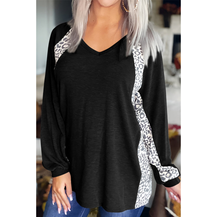 Full Size Leopard V-Neck Long Sleeve T-Shirt Black / S Apparel and Accessories