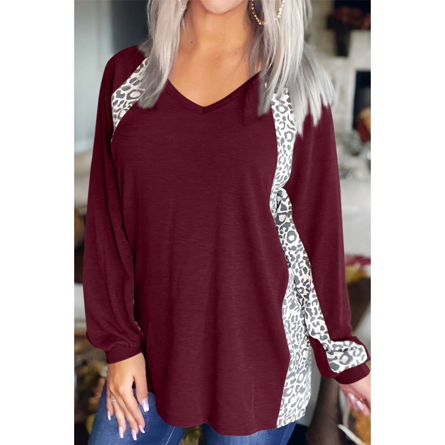 Full Size Leopard V-Neck Long Sleeve T-Shirt Burgundy / S Apparel and Accessories