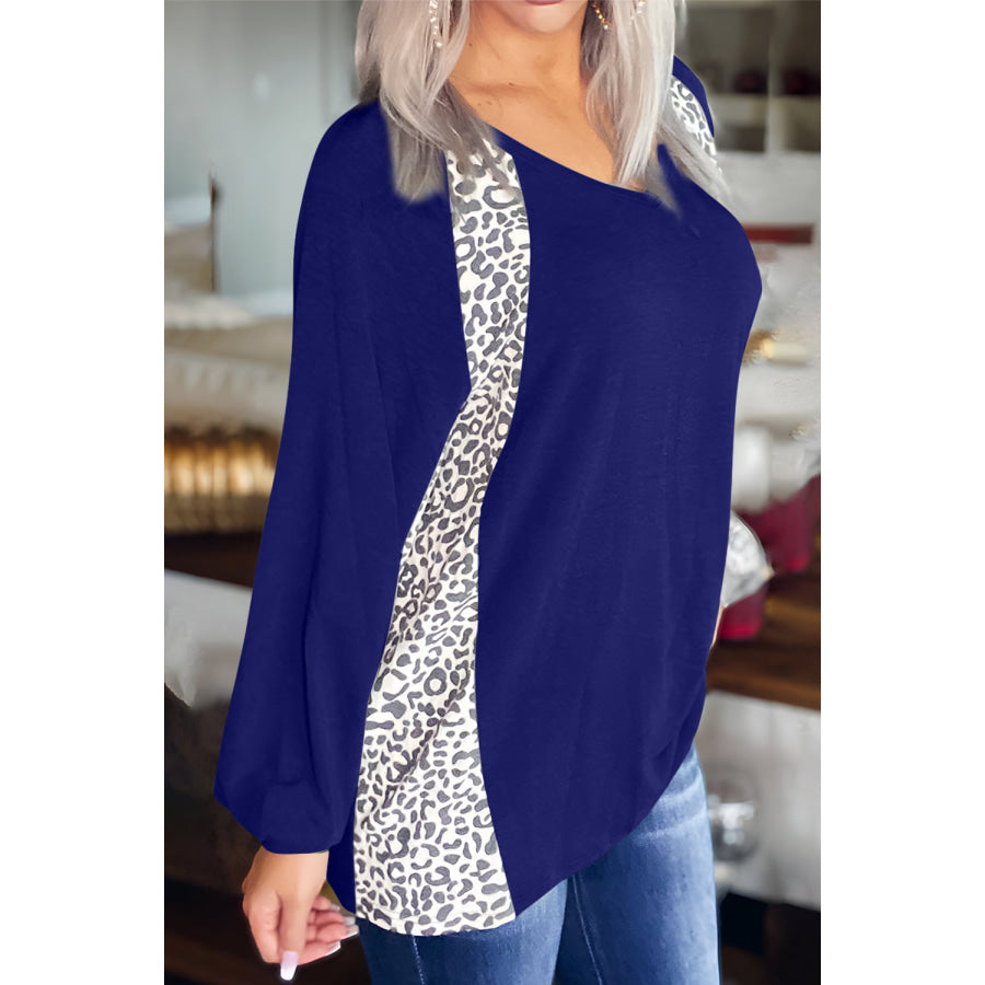 Full Size Leopard V-Neck Long Sleeve T-Shirt Navy / S Apparel and Accessories