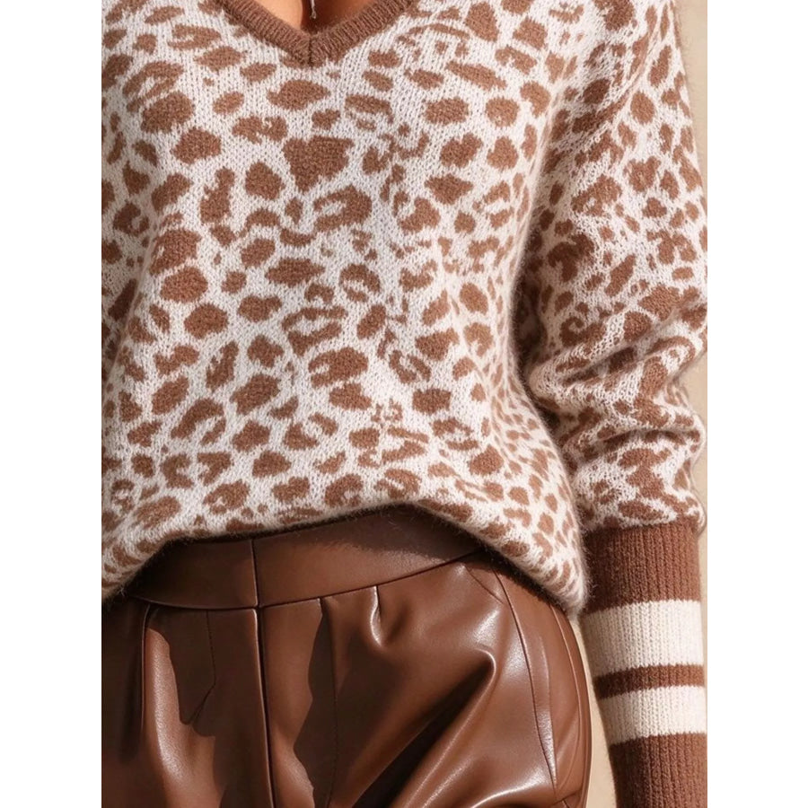 Full Size Leopard V-Neck Sweater with Striped Cuffs Plus Apparel and Accessories
