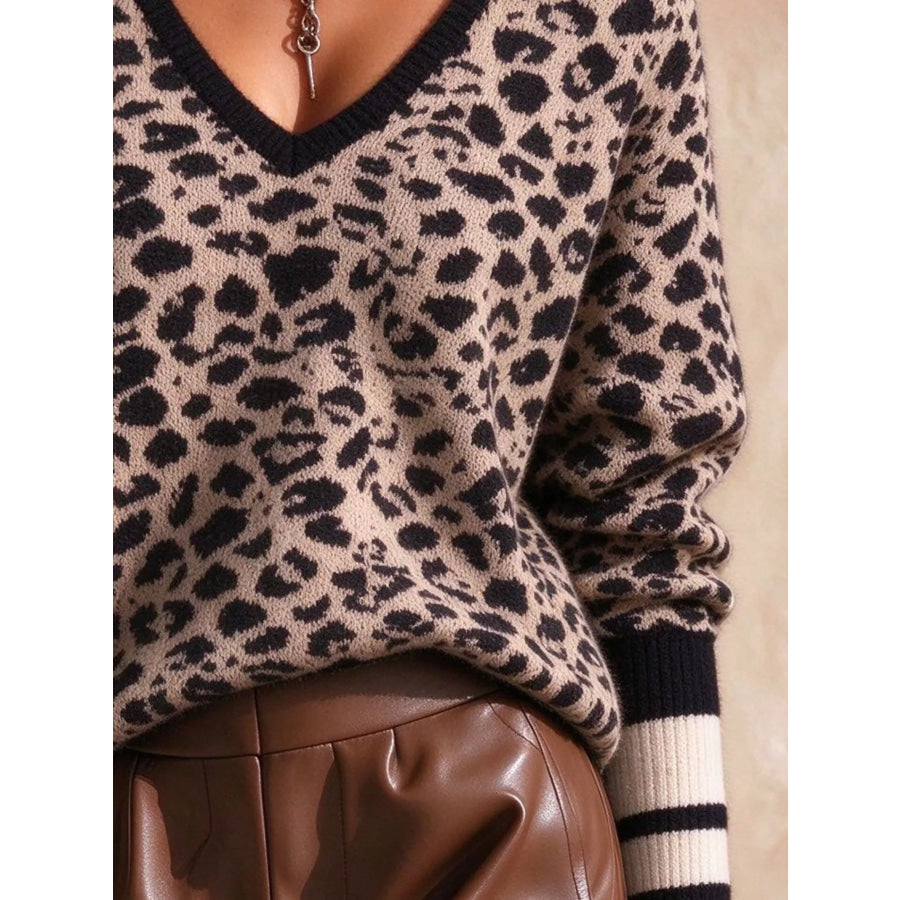 Full Size Leopard V-Neck Sweater with Striped Cuffs Plus Apparel and Accessories