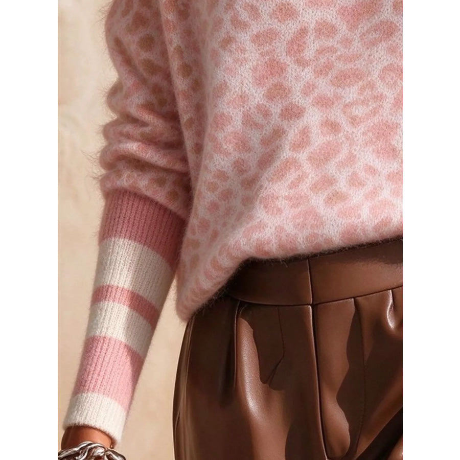 Full Size Leopard V-Neck Sweater with Striped Cuffs Plus Apparel and Accessories