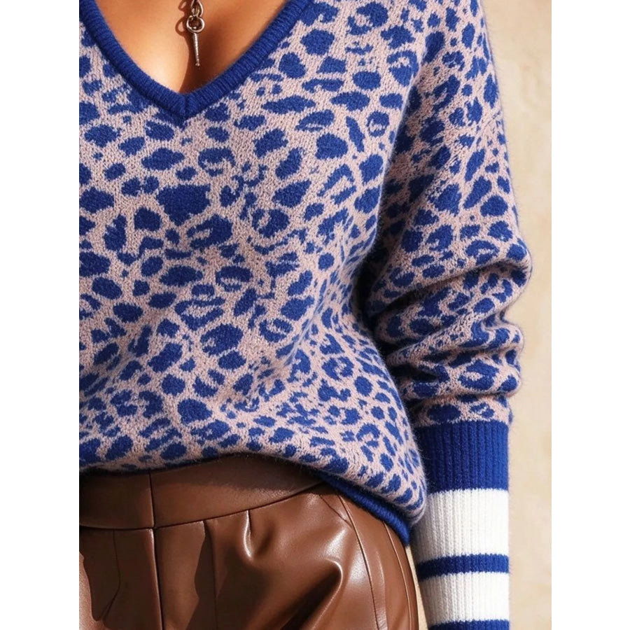 Full Size Leopard V-Neck Sweater with Striped Cuffs Plus Apparel and Accessories