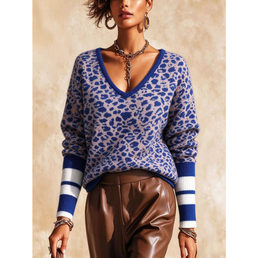 Full Size Leopard V-Neck Sweater with Striped Cuffs Plus Blue / S Apparel and Accessories
