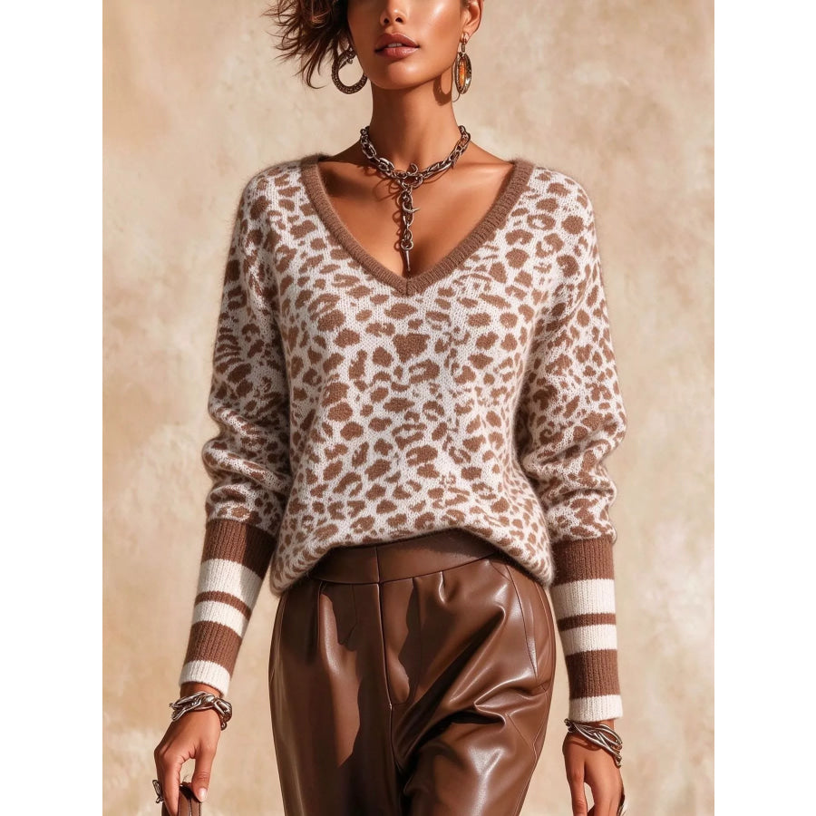 Full Size Leopard V-Neck Sweater with Striped Cuffs Plus Dark Brown / S Apparel and Accessories