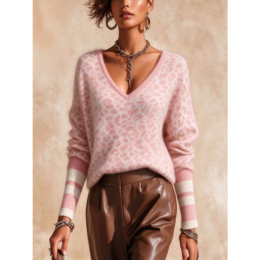 Full Size Leopard V-Neck Sweater with Striped Cuffs Plus Pink / S Apparel and Accessories