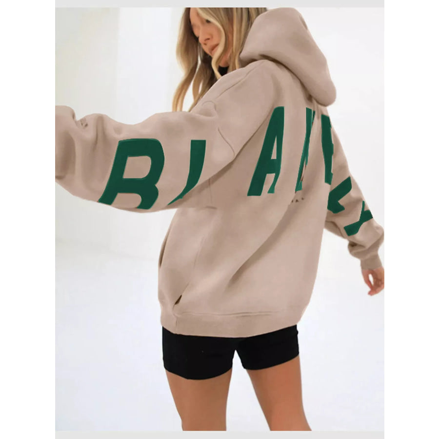 Full Size Letter Back Dropped Shoulder Hoodie Plus Apparel and Accessories