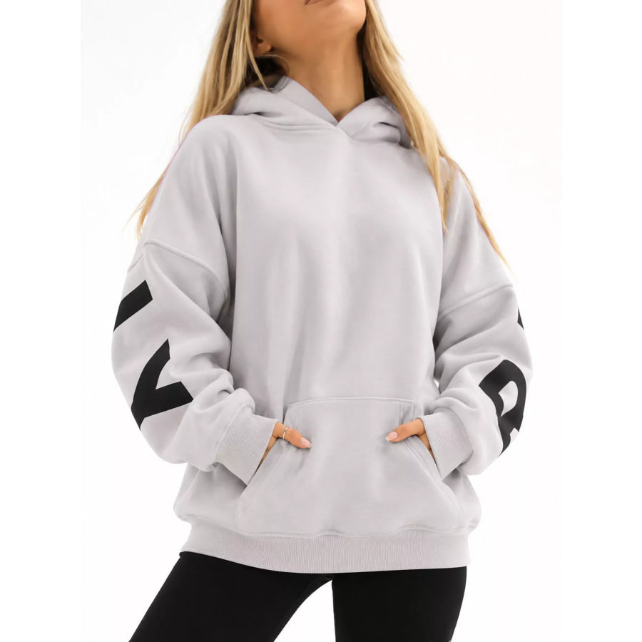 Full Size Letter Back Dropped Shoulder Hoodie Plus Apparel and Accessories