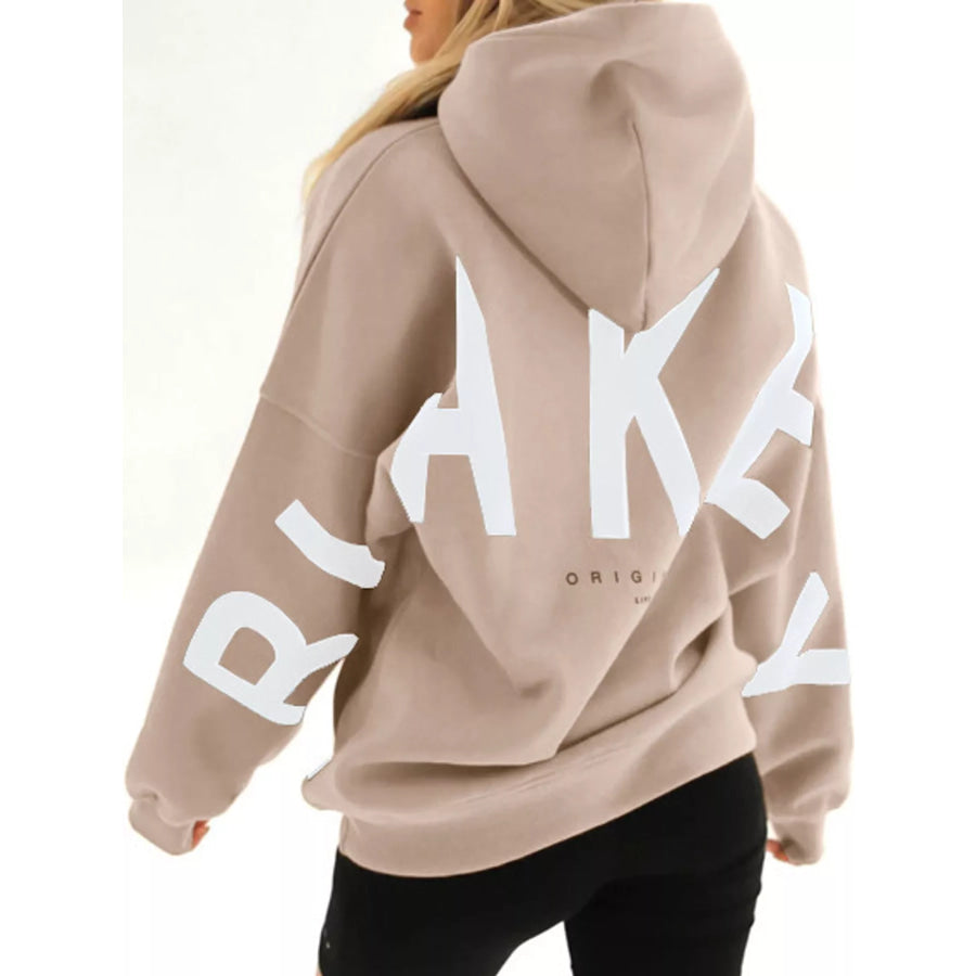 Full Size Letter Back Dropped Shoulder Hoodie Plus Apparel and Accessories