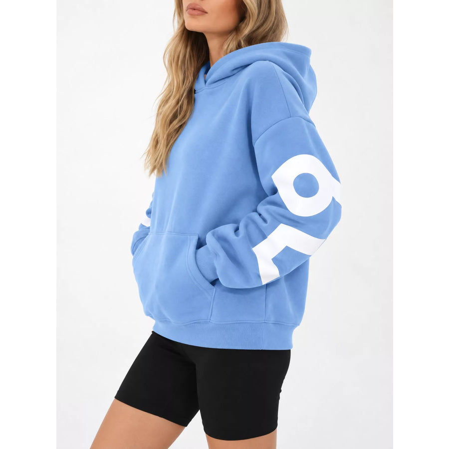 Full Size Letter Back Dropped Shoulder Hoodie Plus Apparel and Accessories