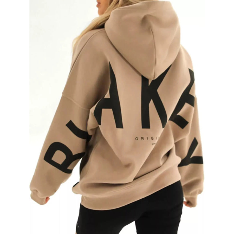 Full Size Letter Back Dropped Shoulder Hoodie Plus Apparel and Accessories