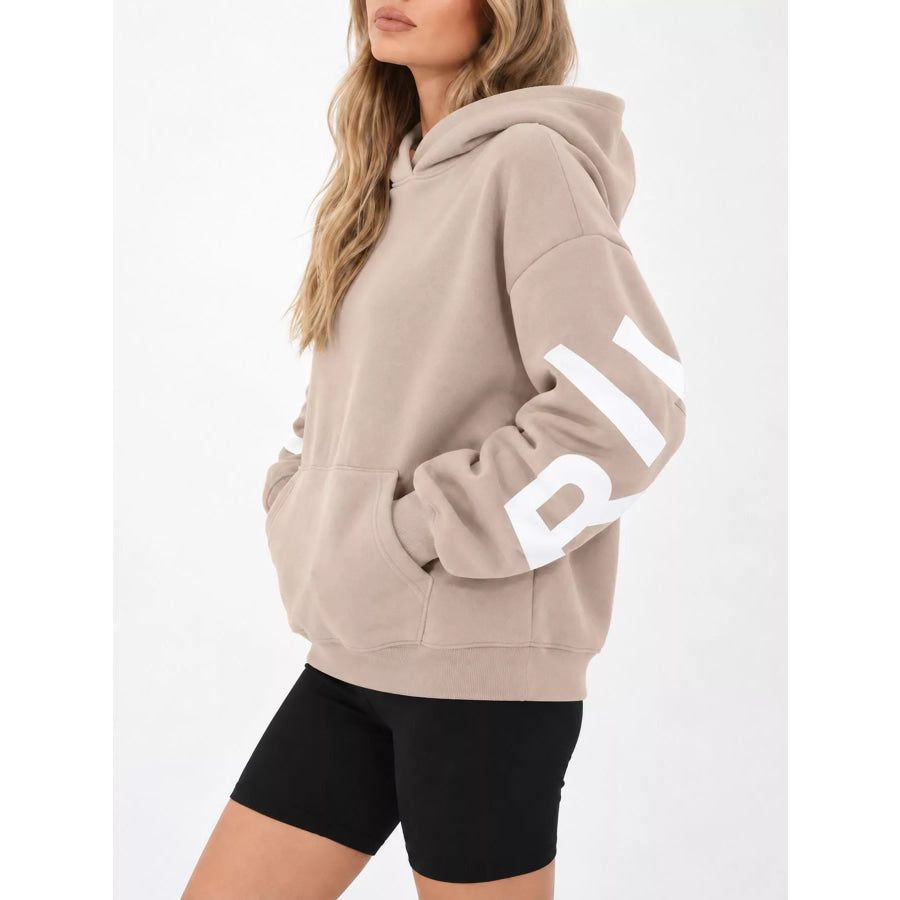Full Size Letter Back Dropped Shoulder Hoodie Plus Apparel and Accessories