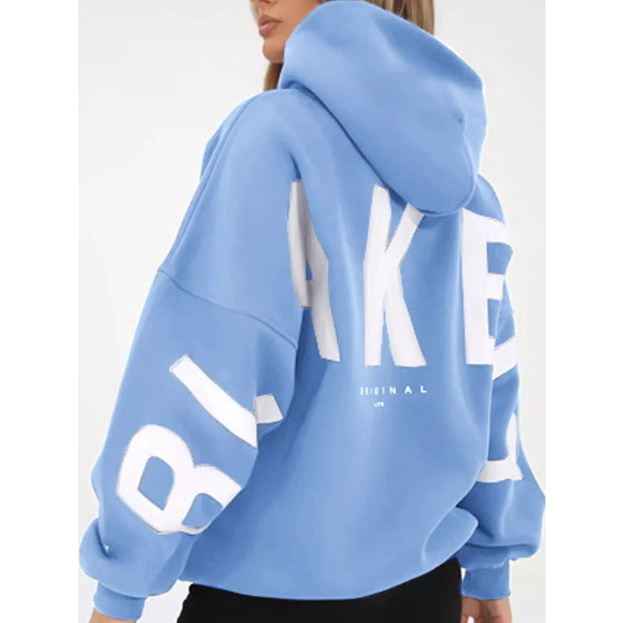 Full Size Letter Back Dropped Shoulder Hoodie Plus Apparel and Accessories
